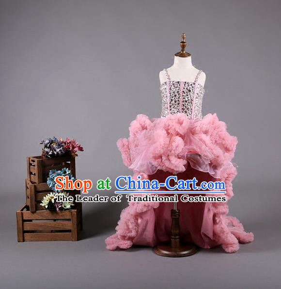 Top Grade Compere Professional Performance Catwalks Costume, Children Chorus Customize Pink Bubble Full Dress Modern Dance Baby Princess Modern Fancywork Long Trailing Dress for Girls Kids