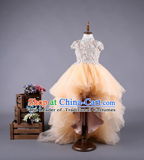 Top Grade Compere Professional Performance Catwalks Costume, Children Chorus Customize Champagne Wedding Bubble Full Dress Modern Dance Baby Princess Modern Fancywork Long Trailing Dress for Girls Kids