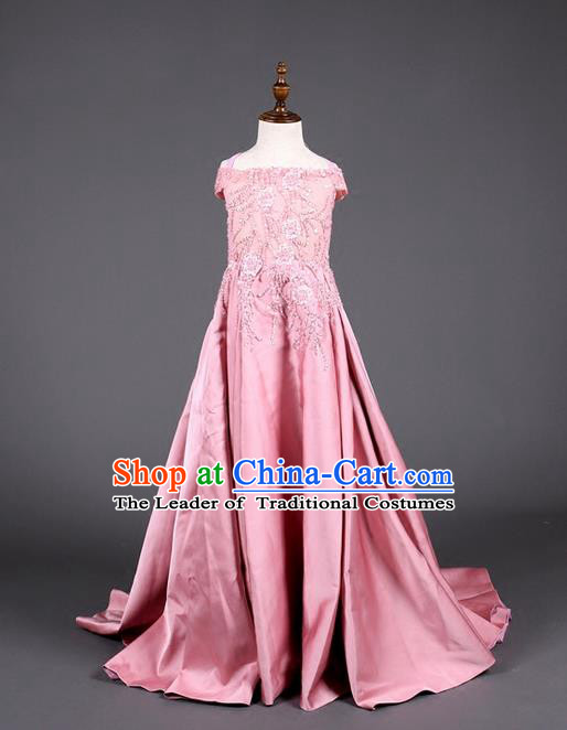 Top Grade Compere Professional Performance Catwalks Costume, Children Chorus Pink Full Dress Modern Dance Baby Princess Modern Fancywork Long Dress for Girls Kids