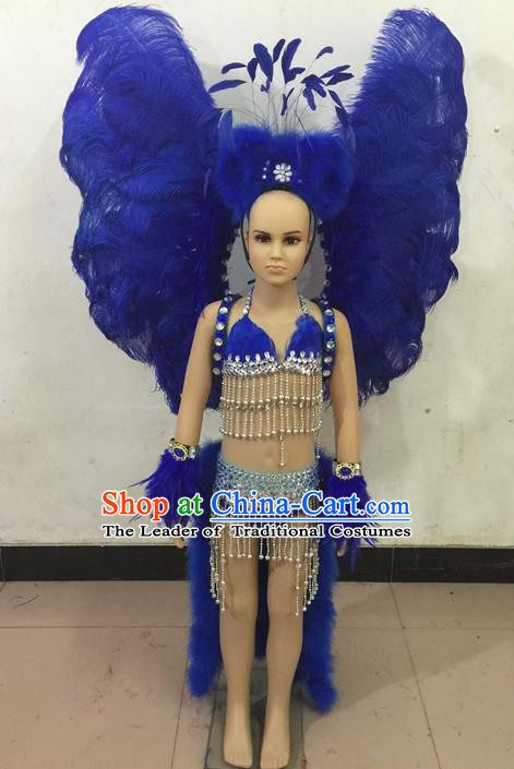 Top Grade Compere Professional Performance Catwalks Swimsuit Costume, Children Chorus Customize Blue Feather Full Dress with Wings Modern Dance Baby Princess Modern Fancywork Long Trailing Clothing for Girls Kids