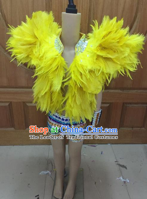 Top Grade Compere Professional Performance Catwalks Swimsuit Costume, Children Chorus Yellow Feather Formal Dress Modern Dance Modern Fancywork Clothing for Boys Kids