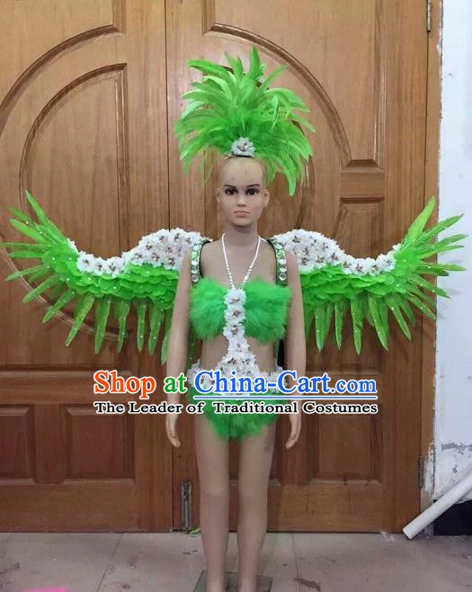 Top Grade Compere Professional Performance Catwalks Swimsuit Costume, Children Chorus Customize Green Bikini Full Dress With Wings Modern Dance Baby Princess Modern Fancywork Long Trailing Clothing for Girls Kids