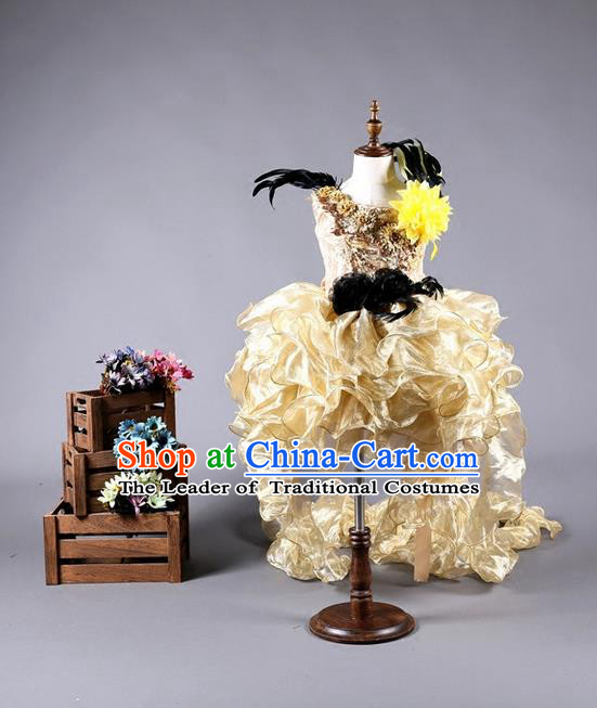 Top Grade Compere Professional Performance Catwalks Long Trailing Costume, Children Chorus Golden Veil Full Dress Modern Dance Baby Princess Modern Fancywork Bubble Dress for Girls Kids