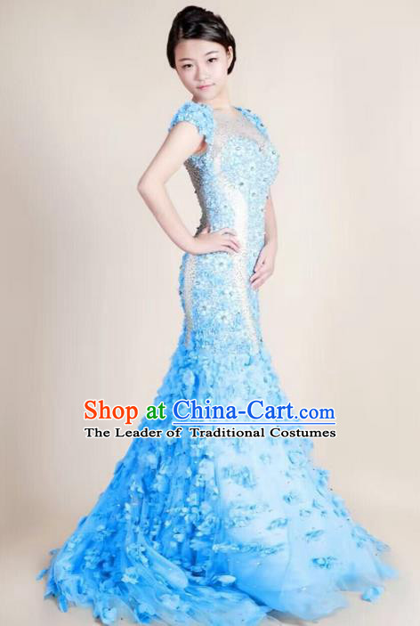 Top Grade Compere Professional Performance Catwalks Trailing Costume, Children Chorus Blue Fishtail Full Dress Modern Dance Baby Princess Modern Fancywork Mermaid Dress for Girls Kids