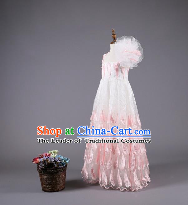 Top Grade Compere Professional Performance Catwalks Costume, Children Chorus Customize Pink One-shoulder Wedding Bubble Full Dress Modern Dance Baby Princess Modern Fancywork Long Trailing Dress for Girls Kids