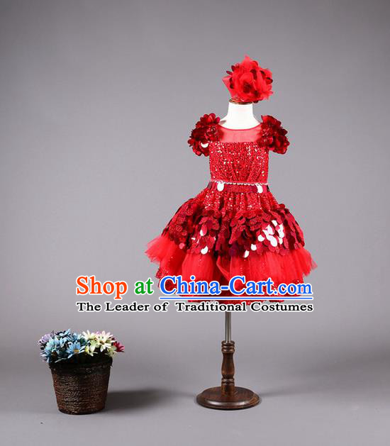 Top Grade Compere Professional Performance Catwalks Costume, Children Chorus Customize Red Paillette Bubble Full Dress Modern Dance Baby Princess Modern Fancywork Short Ball Gown Dress for Girls Kids