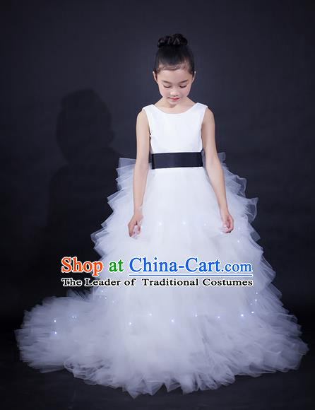 Top Grade Compere Professional Performance Catwalks Trailing Costume, Children Chorus White Wedding Bubble Veil Fishtail Full Dress Modern Dance Baby Princess Modern Fancywork Long Dress for Girls Kids