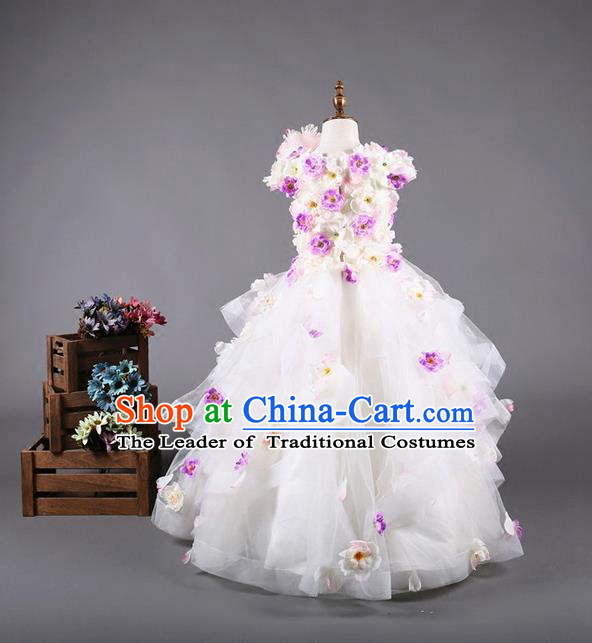 Top Grade Compere Professional Performance Catwalks Costume, Flower Faerie Children Chorus Customize White Bubble Full Dress Modern Dance Baby Princess Modern Fancywork Long Ball Gown Dress for Girls Kids