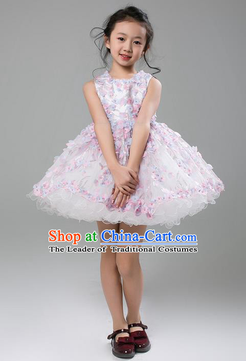 Top Grade Compere Professional Performance Catwalks Costume, Flower Faerie Children Chorus Customize White Bubble Full Dress Modern Dance Baby Princess Modern Fancywork Short Ball Gown Dress for Girls Kids