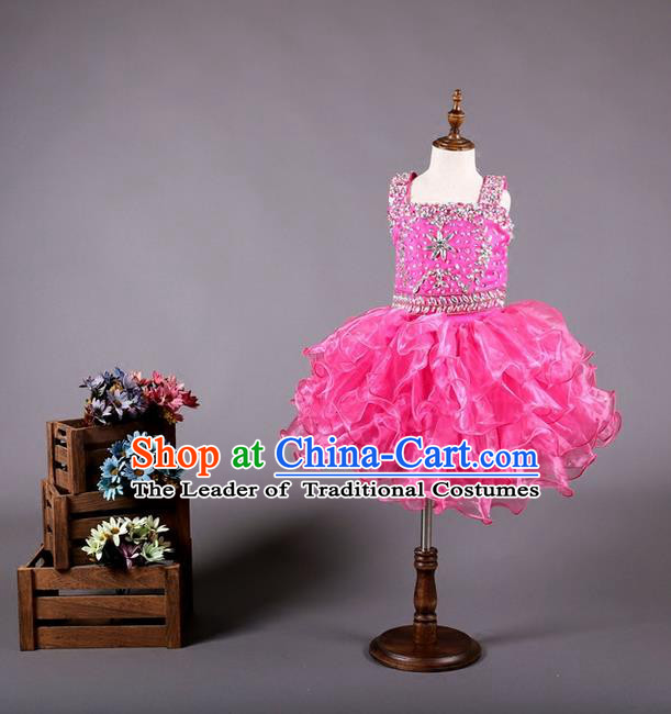 Top Grade Compere Professional Performance Catwalks Costume, Flower Faerie Children Chorus Customize Pink Bubble Full Dress Modern Dance Baby Princess Modern Fancywork Short Ball Gown Dress for Girls Kids