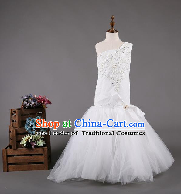 Top Grade Compere Professional Performance Catwalks Costume, Wedding White Veil Children Chorus Customize Fishtail Full Dress Modern Dance Baby Princess Modern Fancywork Mermaid Dress for Girls Kids