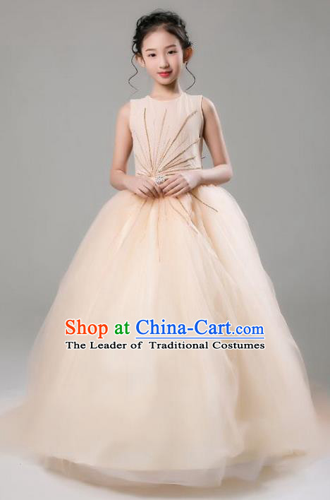 Top Grade Professional Compere Performance Catwalks Costume, Children Chorus Wedding Veil Full Dress Modern Dance Baby Princess Modern Fancywork Ball Gown Dress for Girls Kids