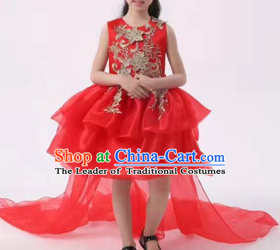 Top Grade Professional Performance Catwalks Compere Costume, Children Chorus Baby Princess Wedding Red Veil Full Dress Modern Dance Modern Fancywork Trailing Dress for Girls Kids