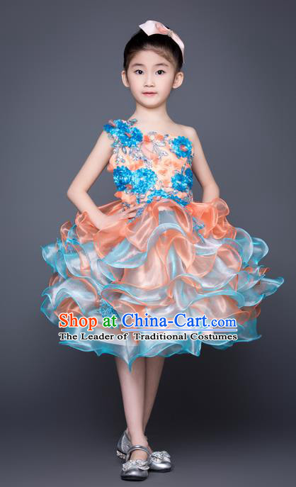 Top Grade Compere Professional Performance Catwalks Costume, Children Chorus Blue Feather Bubble Full Dress Modern Dance Baby Princess Modern Fancywork Short Dress for Girls Kids