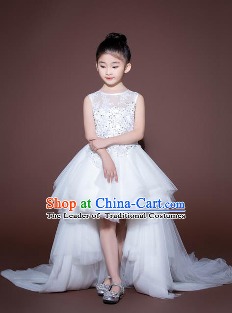 Top Grade Compere Professional Performance Catwalks Swimsuit Costume, Children Chorus Customize White Wedding Veil Full Dress Modern Dance Baby Princess Modern Fancywork Long Trailing Clothing for Girls Kids