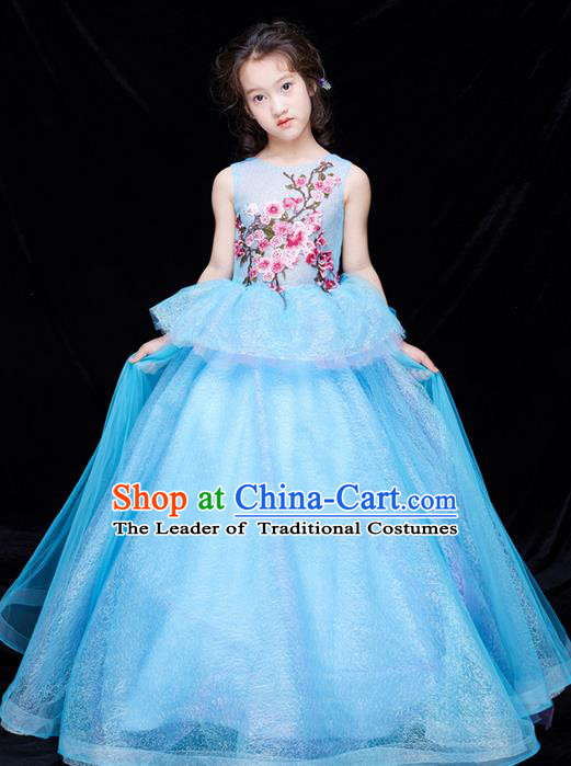 Top Grade Compere Professional Performance Catwalks Swimsuit Costume, Children Chorus Flower Faerie Customize Blue Wedding Veil Full Dress Modern Dance Baby Princess Modern Fancywork Long Trailing Clothing for Girls Kids