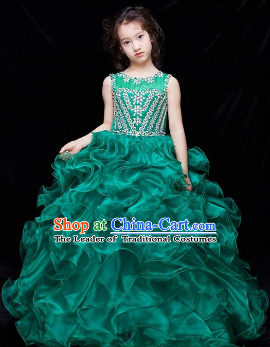 Top Grade Compere Professional Performance Catwalks Swimsuit Costume, Children Chorus Flower Faerie Customize Green Wedding Veil Bubble Full Dress Modern Dance Baby Princess Modern Fancywork Long Dress for Girls Kids