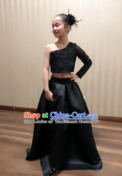 Top Grade Compere Professional Performance Catwalks Customize Costume, Children Chorus Black Full Dress Modern Dance Modern Fancywork Little Princess Long Dress Ball Gown for Girls Kids