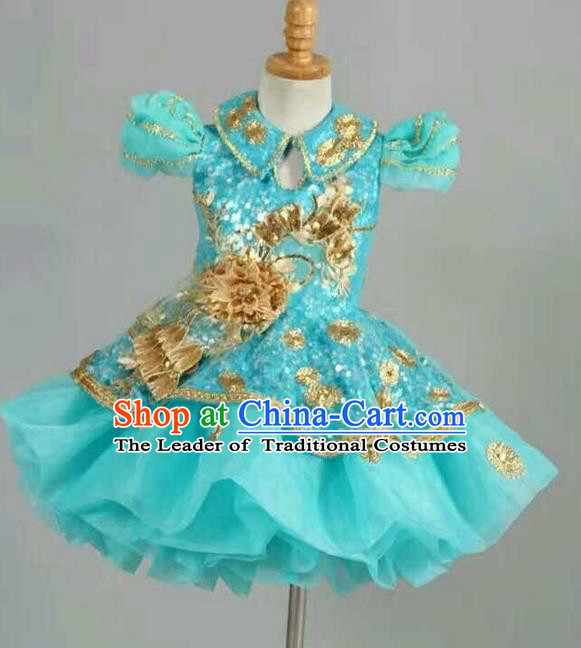 Top Grade Professional Compere Performance Catwalks Customize Costume, Children Chorus Blue Full Dress Modern Dance Modern Fancywork Little Princess Short Ball Gown for Girls Kids