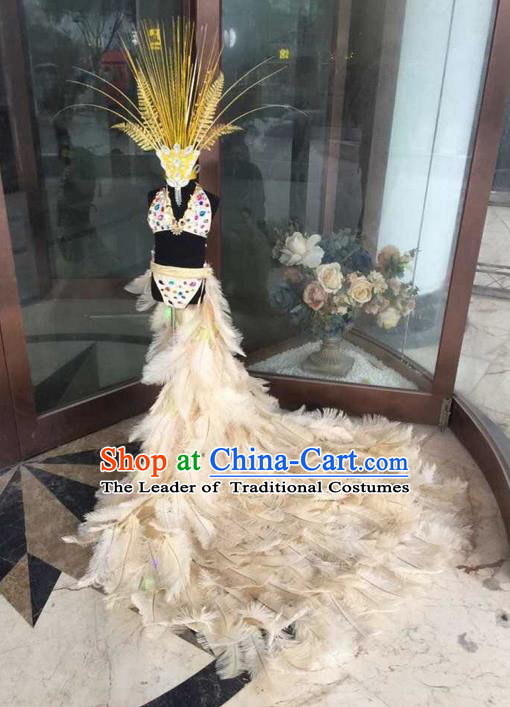 Top Grade Compere Professional Performance Catwalks Swimsuit Bikini Costume, Children Chorus Customize Feather Full Dress Modern Dance Baby Princess Modern Fancywork Long Trailing Clothing for Girls Kids