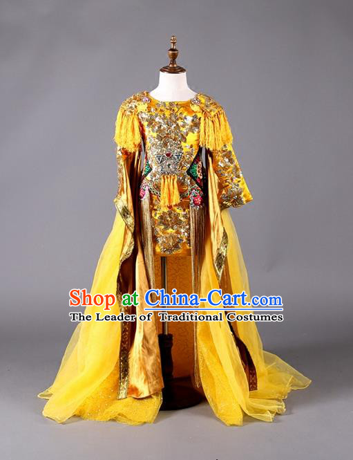 Top Grade Professional Compere Performance Catwalks Customize Costume, China Style Tang Suit Children Chorus Golden Full Dress Modern Dance Modern Fancywork Little Princess Long Trailing Clothing for Girls Kids