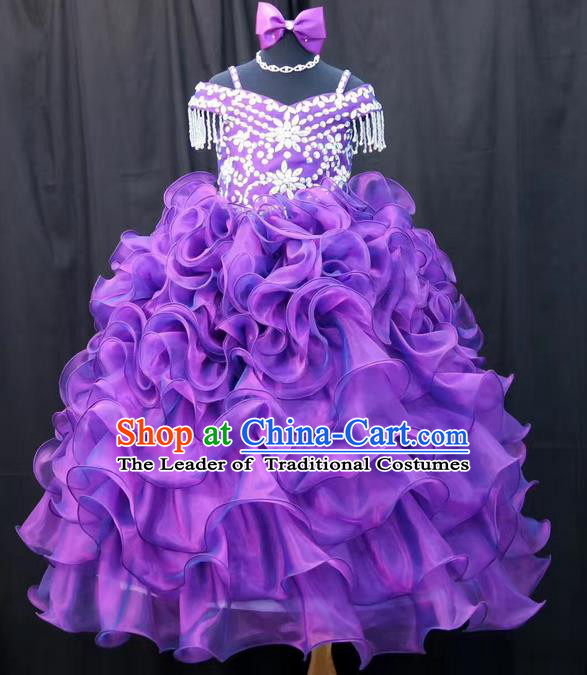 Top Grade Professional Compere Performance Catwalks Customize Feather Costume, Children Chorus Purple Bubble Full Dress Modern Dance Modern Fancywork Little Princess Long Ball Gown for Girls Kids