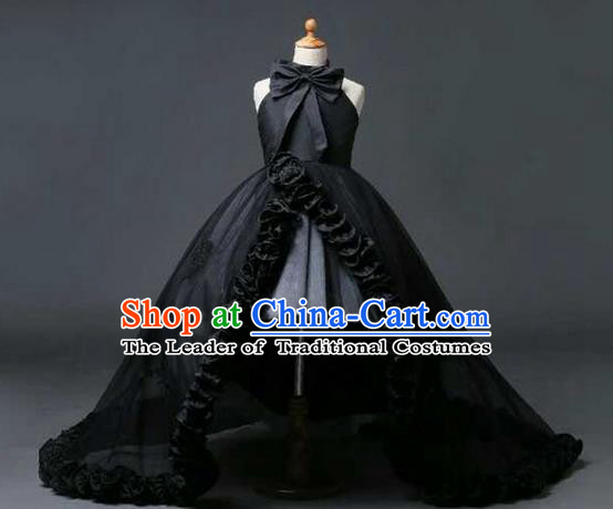 Top Grade Professional Compere Performance Catwalks Customize Feather Costume, Children Chorus Black Bubble Full Dress Modern Dance Modern Fancywork Little Princess Long Trailing Ball Gown for Girls Kids