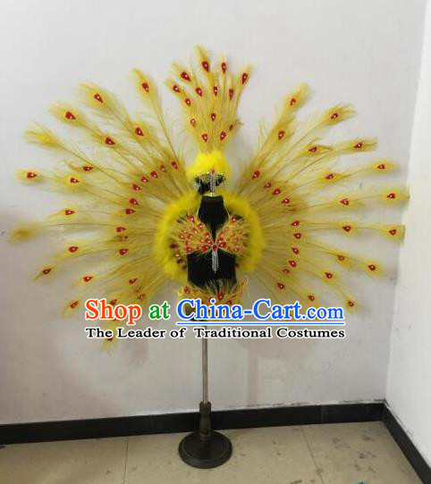 Top Grade Compere Professional Performance Catwalks Swimsuit Bikini Costume, Children Chorus Customize Yellow Peacock Feather Full Dress Modern Dance Baby Princess Modern Fancywork Clothing Complete Set for Girls Kids