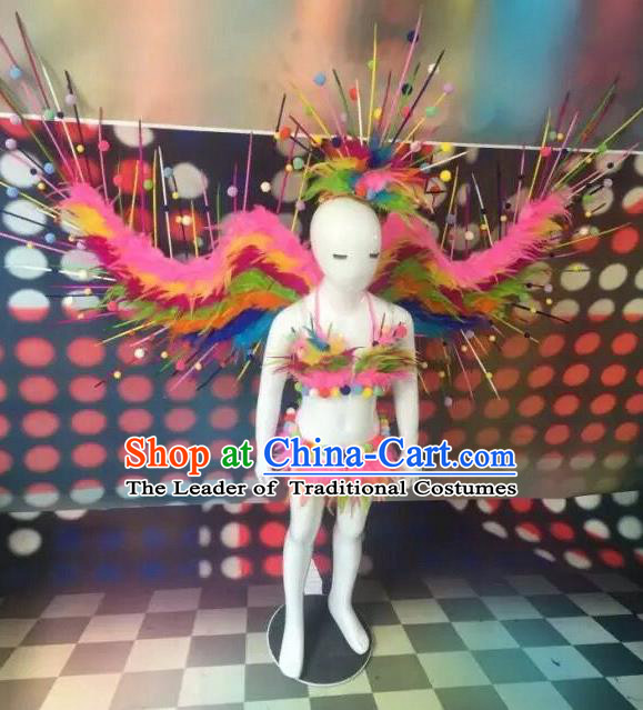 Top Grade Compere Professional Performance Catwalks Swimsuit Bikini Costume, Children Chorus Customize with Peacock Feather Wings Full Dress Modern Dance Baby Princess Modern Fancywork Clothing Complete Set for Girls Kids