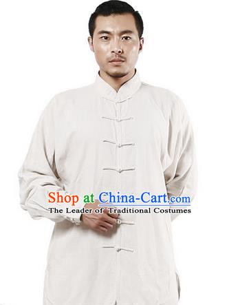 Top Grade Kung Fu Costume Martial Arts Beige Linen Suits Pulian Zen Clothing, Training Costume Tai Ji Uniforms Gongfu Shaolin Wushu Tai Chi Plated Buttons Clothing for Men