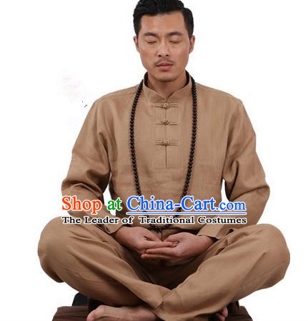 Top Grade Kung Fu Costume Martial Arts Khaki Ice Silk Linen Suits Pulian Zen Clothing, Training Costume Tai Ji Uniforms Gongfu Shaolin Wushu Tai Chi Plated Buttons Clothing for Men