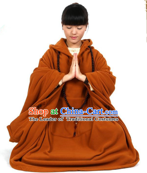 Top Kung Fu Costume Martial Arts Coffee Yellow Cloak Pulian Clothing, Tai Ji Mantle Gongfu Shaolin Wushu Tai Chi Meditation Cape for Women