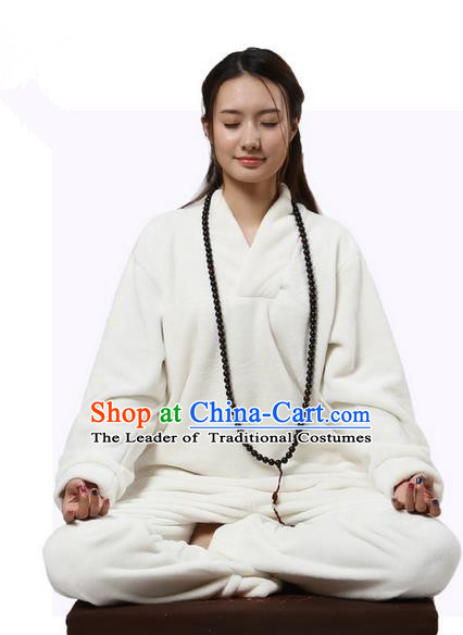 Top Grade Kung Fu Costume Martial Arts Thicken Flannel White Cloak Suits Pulian Zen Clothing, Training Costume Tai Ji Uniforms Gongfu Shaolin Wushu Tai Chi Clothing for Women