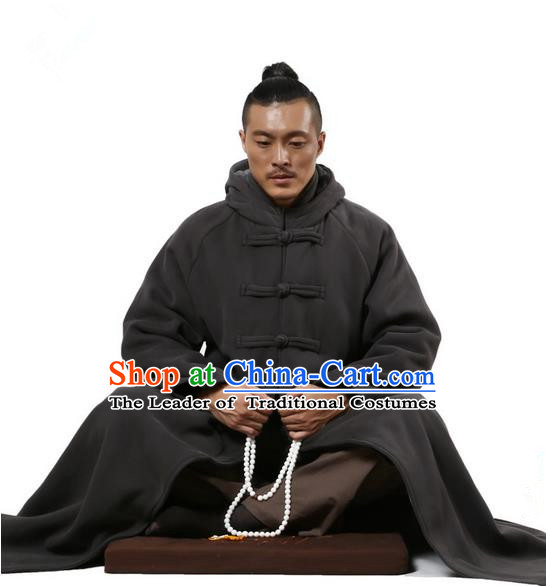 Top Kung Fu Costume Martial Arts Deep Grey Cloak Pulian Clothing, Tai Ji Mantle Gongfu Shaolin Wushu Tai Chi Meditation Plated Buttons Cape for Women for Men