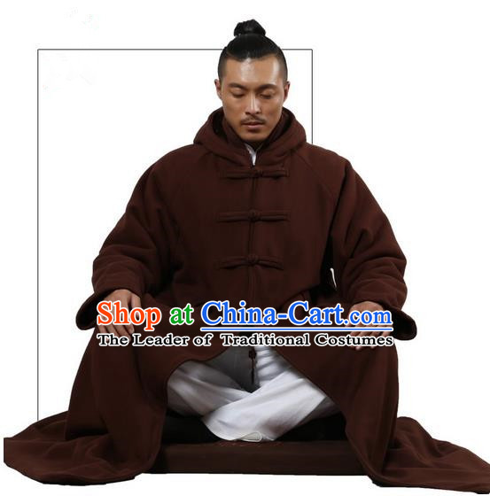 Top Kung Fu Costume Martial Arts Brownness Cloak Pulian Clothing, Tai Ji Mantle Gongfu Shaolin Wushu Tai Chi Meditation Plated Buttons Cape for Women for Men