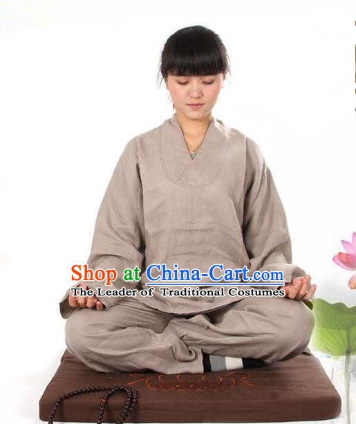 Top Grade Kung Fu Costume Martial Arts Linen Meditation Suits Pulian Zen Clothing, Training Costume Tai Ji Khaki Uniforms Gongfu Shaolin Wushu Tai Chi Clothing for Women