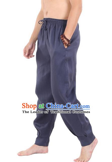 Top Grade Kung Fu Costume Martial Arts Navy Linen Pants Pulian Zen Clothing, Training Bloomers Gongfu Trousers Shaolin Wushu Tai Chi Meditation Plus Fours for Men