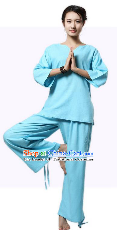 Top Grade Kung Fu Costume Martial Arts Blue Linen Suits Pulian Clothing, Zen Costume Tai Ji Meditation Uniforms Wushu Tai Chi Short Sleeve Clothing for Women