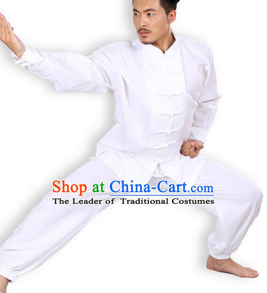 Top Grade Kung Fu Costume Martial Arts White Linen Suits Pulian Zen Clothing, Training Costume Tai Ji Meditation Uniforms Gongfu Wushu Tai Chi Plated Buttons Clothing for Men