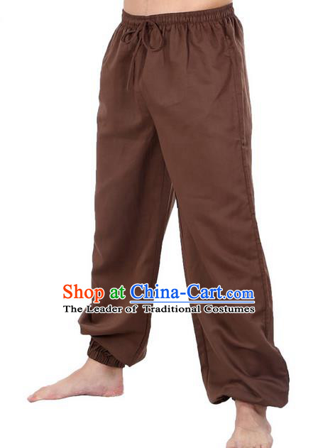 Top Grade Kung Fu Costume Martial Arts Coffee Linen Pants Pulian Zen Clothing, Training Bloomers Gongfu Meditation Trousers Shaolin Wushu Tai Chi Plus Fours for Men