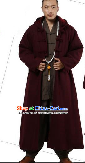 Top Grade Kung Fu Costume Martial Arts Woolen Pulian Clothing Wine Red Long Coat, Gongfu Shaolin Wushu Tai Chi Tang Suit Meditation Dust Coat for Women for Men