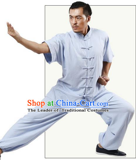 Traditional Chinese Kung Fu Costume Martial Arts Linen Blue Suits Pulian Meditation Clothing, Tang Suit Plated Buttons Uniforms Tai Chi Clothing for Women for Men