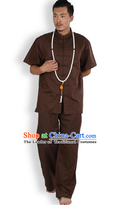 Traditional Chinese Kung Fu Costume Martial Arts Ice Silk Linen Short Sleeve Coffee Suits Pulian Clothing, China Tang Suit Uniforms Tai Chi Meditation Clothing for Men