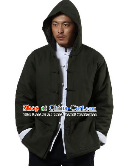 Traditional Chinese Kung Fu Costume Martial Arts Linen Hooded Coat Pulian Clothing, China Tang Suit Jackets Tai Chi Meditation Army Green Overcoat Clothing for Men