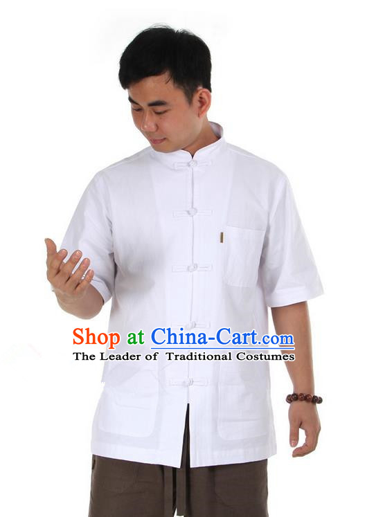 Traditional Chinese Kung Fu Costume Martial Arts Linen Short Sleeve Shirts Pulian Clothing, China Tang Suit T-Shirt Tai Chi Meditation White Overshirt for Men