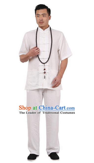 Traditional Chinese Kung Fu Costume Martial Arts Linen Plated Buttons Short Sleeve White Uniforms Pulian Clothing, China Tang Suit Tai Chi Meditation Clothing for Men