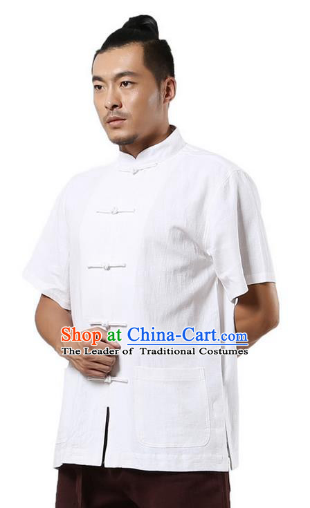 Traditional Chinese Kung Fu Costume Martial Arts Linen Short Sleeve Shirts Pulian Clothing, China Tang Suit Tai Chi Upper Outer Garment White Overshirt for Men