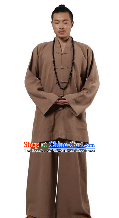 Traditional Chinese Kung Fu Costume Martial Arts Ramie Long Sleeve Khaki Plated Buttons Uniforms Pulian Clothing, China Tang Suit Tai Chi Meditation Clothing for Men