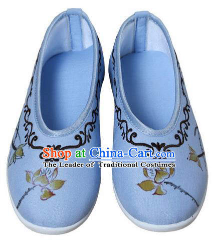 Top Chinese Traditional Tai Chi Embroidered Lotus Linen Shoes Kung Fu Pulian Shoes Martial Arts Blue Shoes for Women