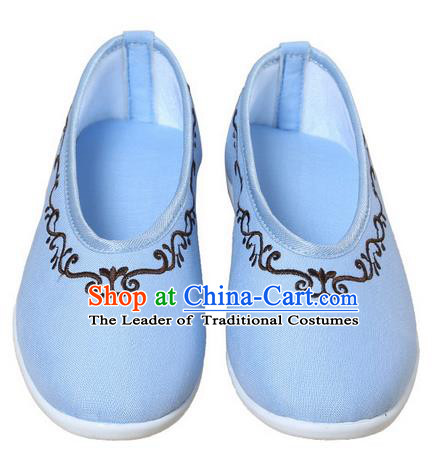 Top Chinese Traditional Tai Chi Embroidered Linen Shoes Kung Fu Pulian Shoes Martial Arts Blue Shoes for Women